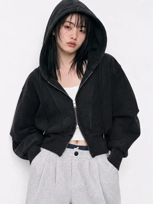 FRIFUL 女款休閒街頭風拉鍊連帽衛衣，秋冬旅行黑色連帽衫 - 灰色 - 查看 13