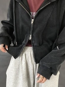 FRIFUL 女款休閒街頭風拉鍊連帽衛衣，秋冬旅行黑色連帽衫 - 灰色 - 查看 2