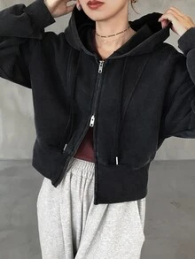 FRIFUL 女款休閒街頭風拉鍊連帽衛衣，秋冬旅行黑色連帽衫 - 灰色 - 查看 6