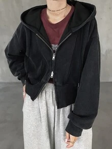 FRIFUL 女款休閒街頭風拉鍊連帽衛衣，秋冬旅行黑色連帽衫 - 灰色 - 查看 8