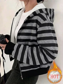 INAWLY 休閒搖滾街頭風寬鬆落肩條紋運動衫 校園風黑白條紋秋季款 - 黑色 - 查看 1