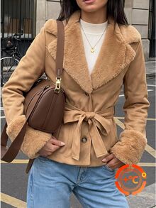 SHEIN EZwear Camel Faux Suede Women's Regular Jacket Office Autumn Elegant - Camel - View 9