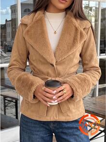 SHEIN EZwear Camel Faux Suede Women's Regular Jacket Office Autumn Elegant - Camel - View 2