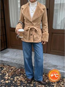 SHEIN EZwear Camel Faux Suede Women's Regular Jacket Office Autumn Elegant - Camel - View 11