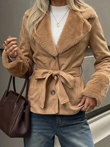 SHEIN EZwear Camel Faux Suede Women's Regular Jacket Office Autumn Elegant - Camel - View 10