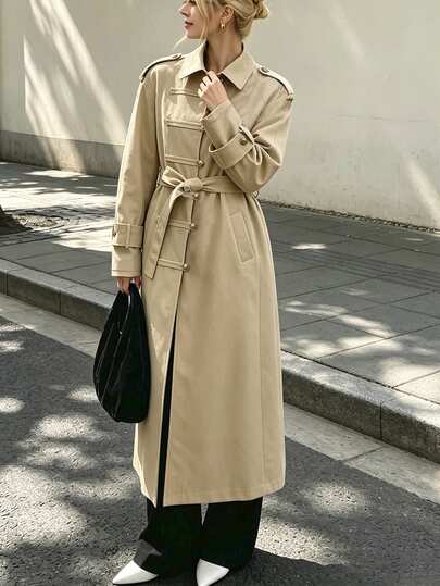 Struktiv Women's Elegant Vintage Fashion Long Trench Coat With Lapel, Shoulder Epaulettes, Raglan Sleeves, Metal Buttons, Tie Waist, Knee-Length British Style Commuter Jacket