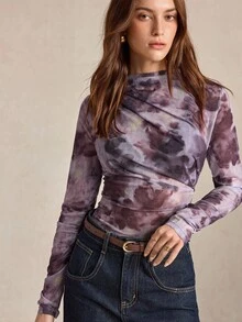 BizChic 女款印花抓皺腰部T恤，法式優雅復古風，適合辦公室、通勤、商務、職場、正式場合、萬聖節、都市、日常、休閒、約會、生日派對、婚禮賓客、鄉村、返校、教堂、特殊場合、度假、街頭風、性感、極簡、浪漫、百搭、修身 - 彩色 - 查看 6
