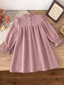 SHEIN Vintaside Kids 少女棕色溫柔風極簡花卉印花長袖套頭洋裝，寬鬆版型，優雅大方，適合外出與購物 - 粉色 - 查看 4