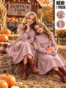 SHEIN Vintaside Kids 少女棕色溫柔風極簡花卉印花長袖套頭洋裝，寬鬆版型，優雅大方，適合外出與購物 - 粉色 - 查看 3