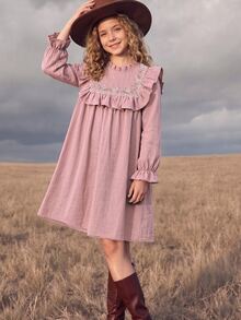 SHEIN Vintaside Kids 少女棕色溫柔風極簡花卉印花長袖套頭洋裝，寬鬆版型，優雅大方，適合外出與購物 - 粉色 - 查看 2