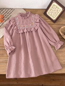 SHEIN Vintaside Kids 少女棕色溫柔風極簡花卉印花長袖套頭洋裝，寬鬆版型，優雅大方，適合外出與購物 - 粉色 - 查看 5