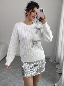 SHEIN Elenzya 秋冬新款白色扭繩纜繩針織圓領長袖亮片蝴蝶結休閒優雅女款套頭毛衣 - 白色 - 查看 8