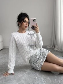 SHEIN Elenzya 秋冬新款白色扭繩纜繩針織圓領長袖亮片蝴蝶結休閒優雅女款套頭毛衣 - 白色 - 查看 4
