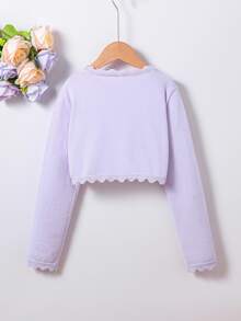 SHEIN Cardigan de punto tipo chal para niña preadolescente, estilo sencillo y lindo, prenda de abrigo, color lavanda, para boda, invitada de boda, sesión de fotos prenupcial y despedida, otoño - Púrpura malva - Ver 3