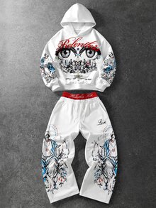 ROMWE MEN Men's Portrait & Calligraphy Print Streetwear Hoodie Sweatshirt Set - Grey - View 1