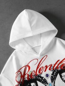 ROMWE MEN Men's Portrait & Calligraphy Print Streetwear Hoodie Sweatshirt Set - Grey - View 6