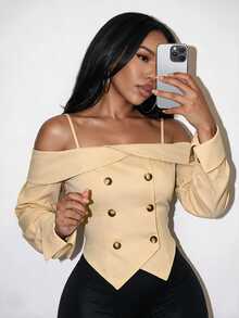 BamGleam Women's Cold Shoulder Double-Breasted Cinched Waist Short Blouse With Lapel Collar, Long Sleeves And Asymmetrical Hem - Khaki - View 8