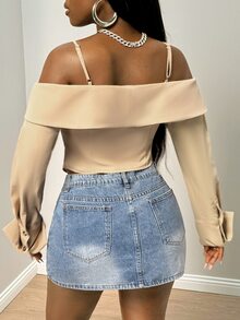 BamGleam Women's Cold Shoulder Double-Breasted Cinched Waist Short Blouse With Lapel Collar, Long Sleeves And Asymmetrical Hem - Khaki - View 3