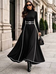 LUMIGAL Autumn Colorblock Trim High Neck A-Line Belted Wrap Casual Versatile Women's Dress - Black - View 1