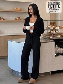 SHEIN PETITE 2pcs Women's Casual Solid Wide Strap Cardigan And Drawstring Waist Flare Pants Outfit In Autumn/ Travel Black - Black - View 2