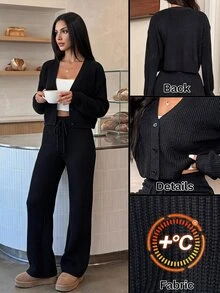 SHEIN PETITE 2pcs Women's Casual Solid Wide Strap Cardigan And Drawstring Waist Flare Pants Outfit In Autumn/ Travel Black - Black - View 1