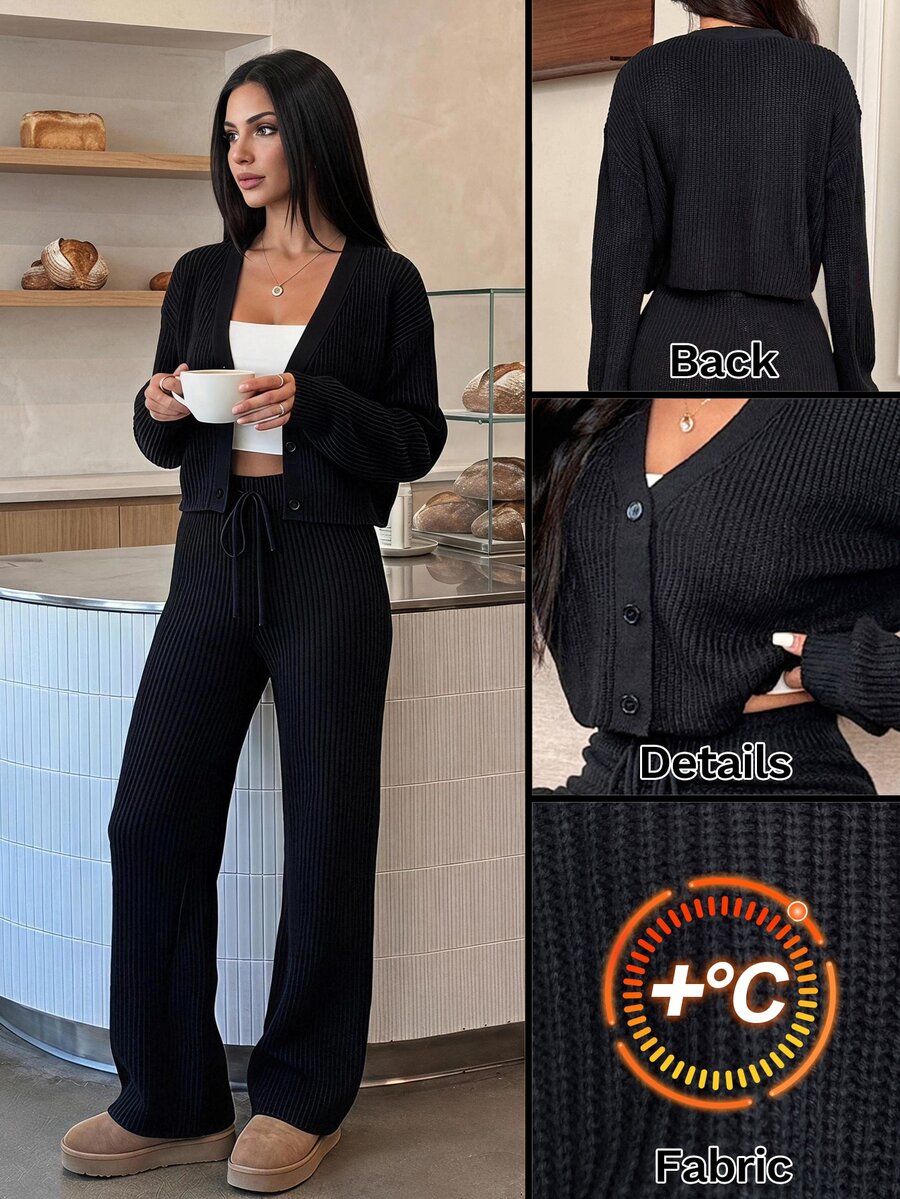 SHEIN PETITE 2pcs Women's Casual Solid Wide Strap Cardigan And Drawstring Waist Flare Pants Outfit In Autumn/ Travel Black - Black - View 1