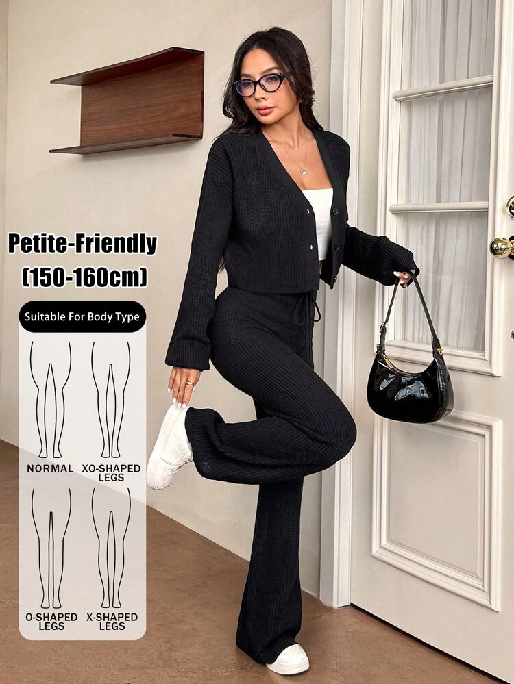 SHEIN PETITE 2pcs Women's Casual Solid Wide Strap Cardigan And Drawstring Waist Flare Pants Outfit In Autumn/ Travel Black - Black - View 11