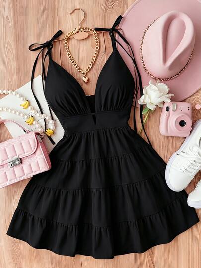 GlowEve CURVE Women's Solid Color V-Neck Camisole Dress, Sleeveless Fashion Ruffle Skirt Party Black Summer Sexy