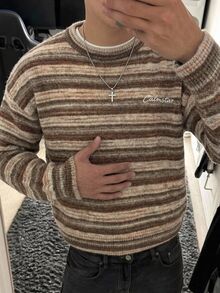 Manfinity Hypemode Men's Contrast Striped Embroidery Letter Pattern Casual Daily Long Sleeve Sweatshirt - Brown - View 1