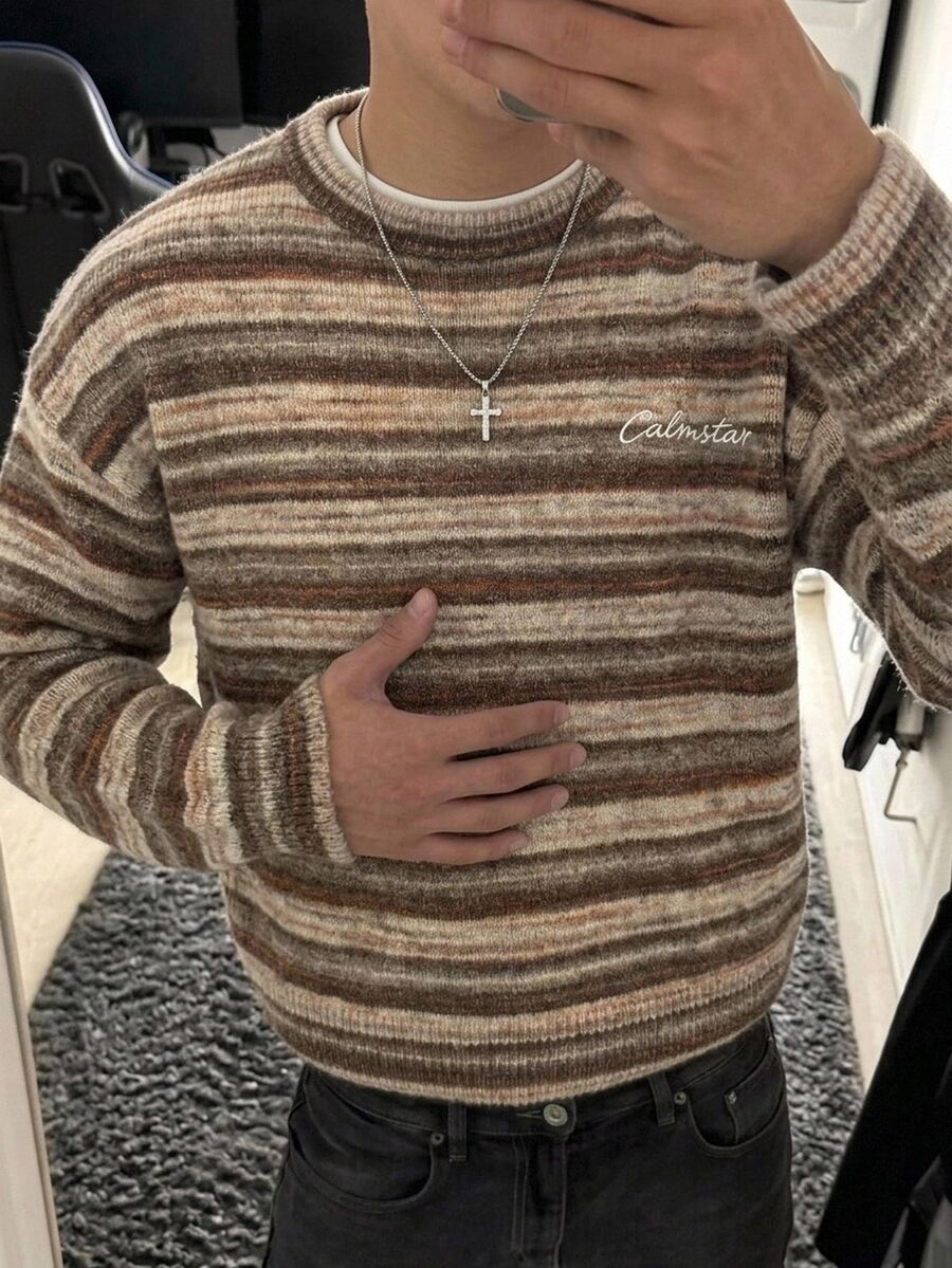 Manfinity Hypemode Men's Contrast Striped Embroidery Letter Pattern Casual Daily Long Sleeve Sweatshirt - Brown - View 1
