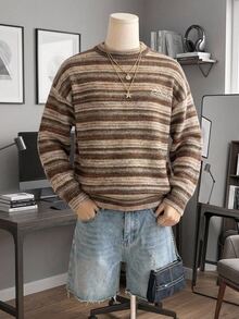 Manfinity Hypemode Men's Contrast Striped Embroidery Letter Pattern Casual Daily Long Sleeve Sweatshirt - Brown - View 6