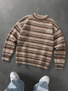 Manfinity Hypemode Men's Contrast Striped Embroidery Letter Pattern Casual Daily Long Sleeve Sweatshirt - Brown - View 5