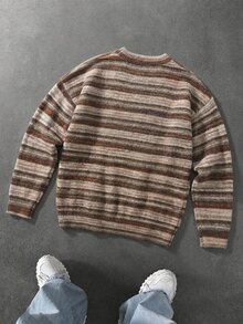 Manfinity Hypemode Men's Contrast Striped Embroidery Letter Pattern Casual Daily Long Sleeve Sweatshirt - Brown - View 2