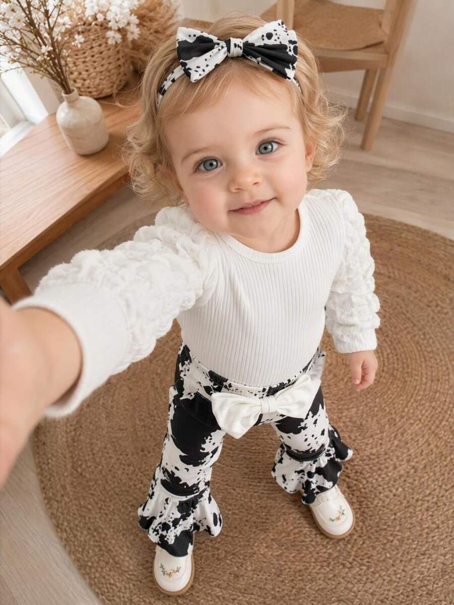 SHEIN Baby Girl Romper Bow 3Pcs Long Sleeve Butterfly Pants White Black Cow Print Body Autumn Winter - White - View 1