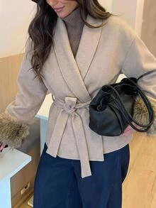 Aloruh Women's Vintage Faux Fur Beige Cuff Overcoat,Fall,Casual,Elegant Occasion,Solid Color Short Coat,Business Commuter Jacket,Old Money Style Winter Coat - Khaki - View 2