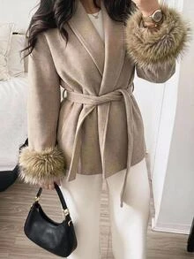 Aloruh Women's Vintage Faux Fur Beige Cuff Overcoat,Fall,Casual,Elegant Occasion,Solid Color Short Coat,Business Commuter Jacket,Old Money Style Winter Coat - Khaki - View 4