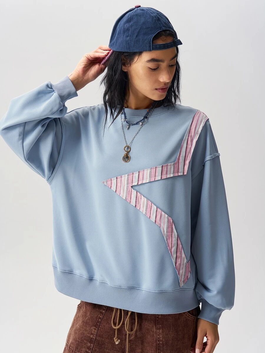 Bohemela Women's Blue And White Striped Star Patchwork Sweatshirt Everyday School Autumn Y2k 2000s - Blue - View 1
