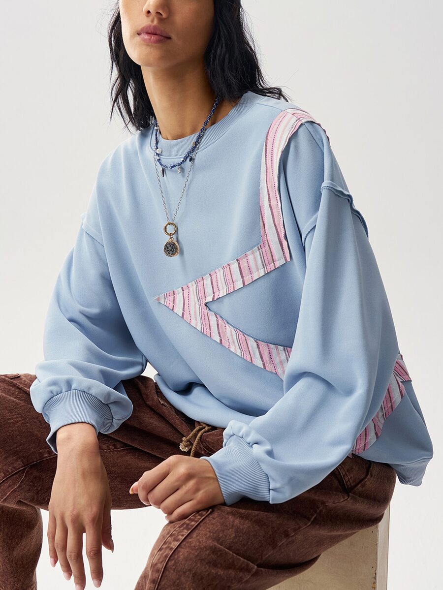 Bohemela Women's Blue And White Striped Star Patchwork Sweatshirt Everyday School Autumn Y2k 2000s - Blue - View 1