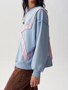 Bohemela Women's Blue And White Striped Star Patchwork Sweatshirt Everyday School Autumn Y2k 2000s - Blue - View 6