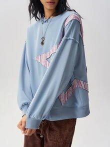 Bohemela Women's Blue And White Striped Star Patchwork Sweatshirt Everyday School Autumn Y2k 2000s - Blue - View 2