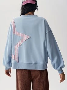 Bohemela Women's Blue And White Striped Star Patchwork Sweatshirt Everyday School Autumn Y2k 2000s - Blue - View 7