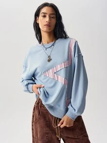Bohemela Women's Blue And White Striped Star Patchwork Sweatshirt Everyday School Autumn Y2k 2000s - Blue - View 4