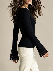 Breezaya Sweater Wanita Model Slimming Pas Badan dengan Kerah Perahu Elegan Gaya Prancis untuk Musim Gugur/Dingin - Hitam - View 2