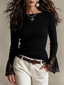 Breezaya Sweater Wanita Model Slimming Pas Badan dengan Kerah Perahu Elegan Gaya Prancis untuk Musim Gugur/Dingin - Hitam - View 1