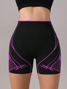 SHEIN Sports 女士无缝条纹高弹瑜伽健身短裤骑行短裤 - 中紫紅色 - 查看 4