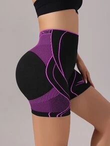 SHEIN Sports 女士无缝条纹高弹瑜伽健身短裤骑行短裤 - 中紫紅色 - 查看 8