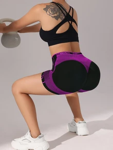 SHEIN Sports 女士无缝条纹高弹瑜伽健身短裤骑行短裤 - 中紫紅色 - 查看 5