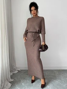 SHEIN Elenzya Autumn/Winter Lazy French Style Gentle High-End Knit Set, Waist Rope Tie Adjustable Waistline, Daily Streetwear Commute Date Versatile Minimalist Style Women's Sweater Two Pieces Set - Mocha Brown - View 6