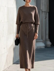 SHEIN Elenzya Autumn/Winter Lazy French Style Gentle High-End Knit Set, Waist Rope Tie Adjustable Waistline, Daily Streetwear Commute Date Versatile Minimalist Style Women's Sweater Two Pieces Set - Mocha Brown - View 7