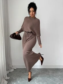 SHEIN Elenzya Autumn/Winter Lazy French Style Gentle High-End Knit Set, Waist Rope Tie Adjustable Waistline, Daily Streetwear Commute Date Versatile Minimalist Style Women's Sweater Two Pieces Set - Mocha Brown - View 4